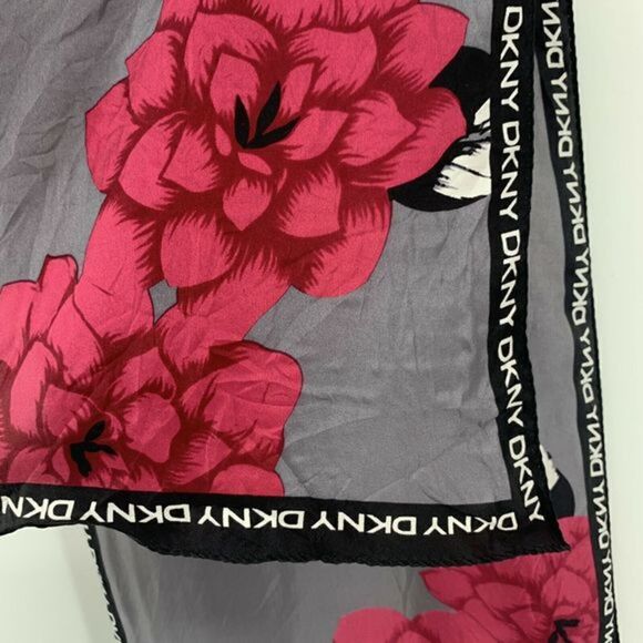 DKNY Silky Rectangle Scarf Gray Red Floral Wrap - Picture 2 of 5